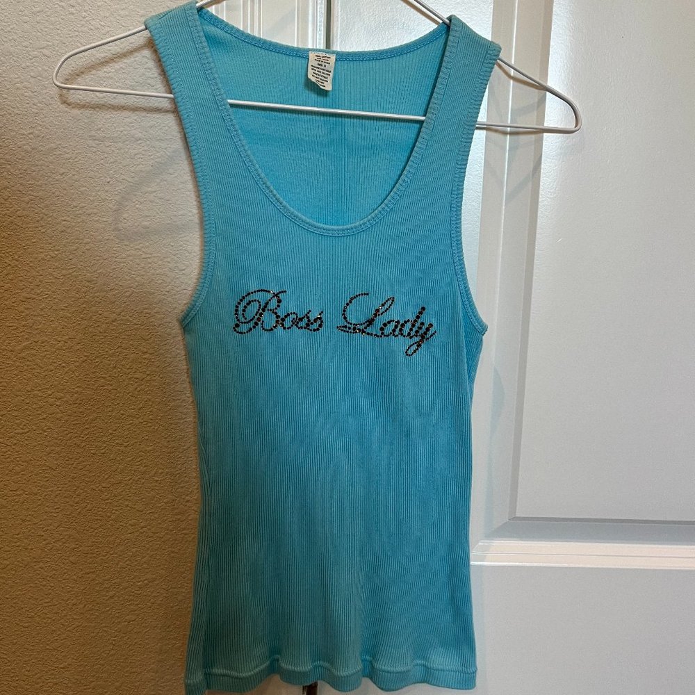 Boss Lady Ribbed Tank Top with Rhinestones Size M